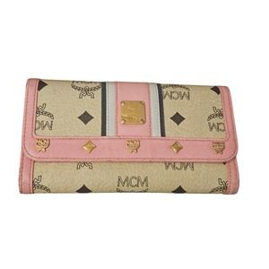 MCM Visetos Monogram Trifold Long Wallet Beige Pink Leather Gold Studs S8367